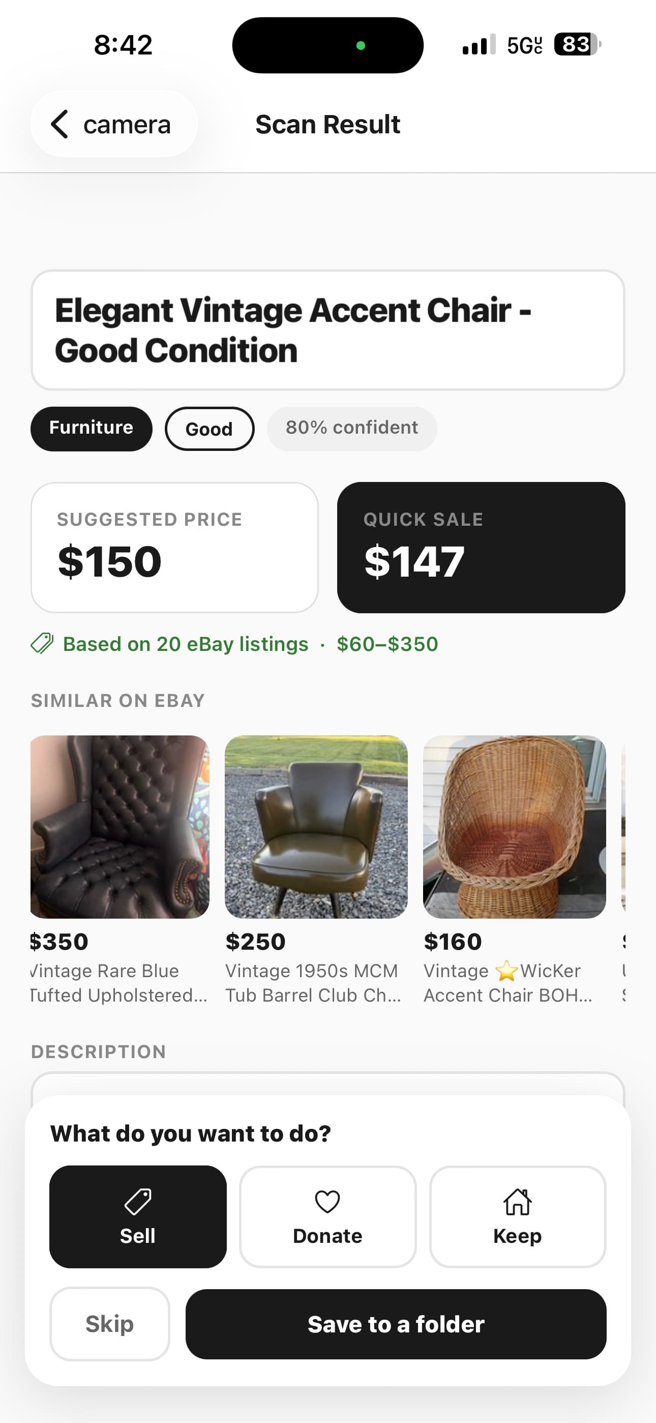 Toodls scan result showing suggested price and similar eBay listings